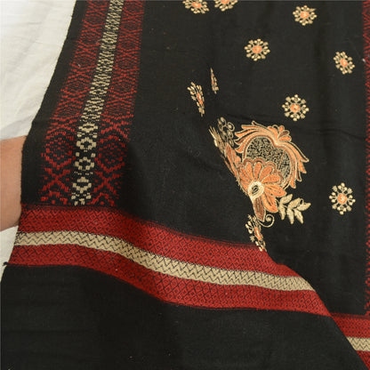 Sanskriti Vintage Black Long Stole Woollen Shawl Woven Work Embroidered Scarf