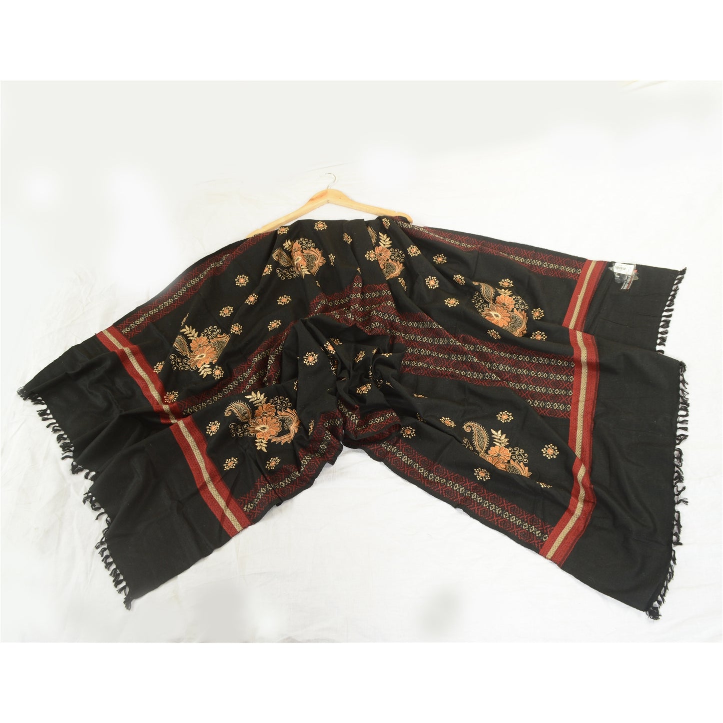 Sanskriti Vintage Black Long Stole Woollen Shawl Woven Work Embroidered Scarf