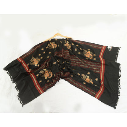 Sanskriti Vintage Black Long Stole Woollen Shawl Woven Work Embroidered Scarf