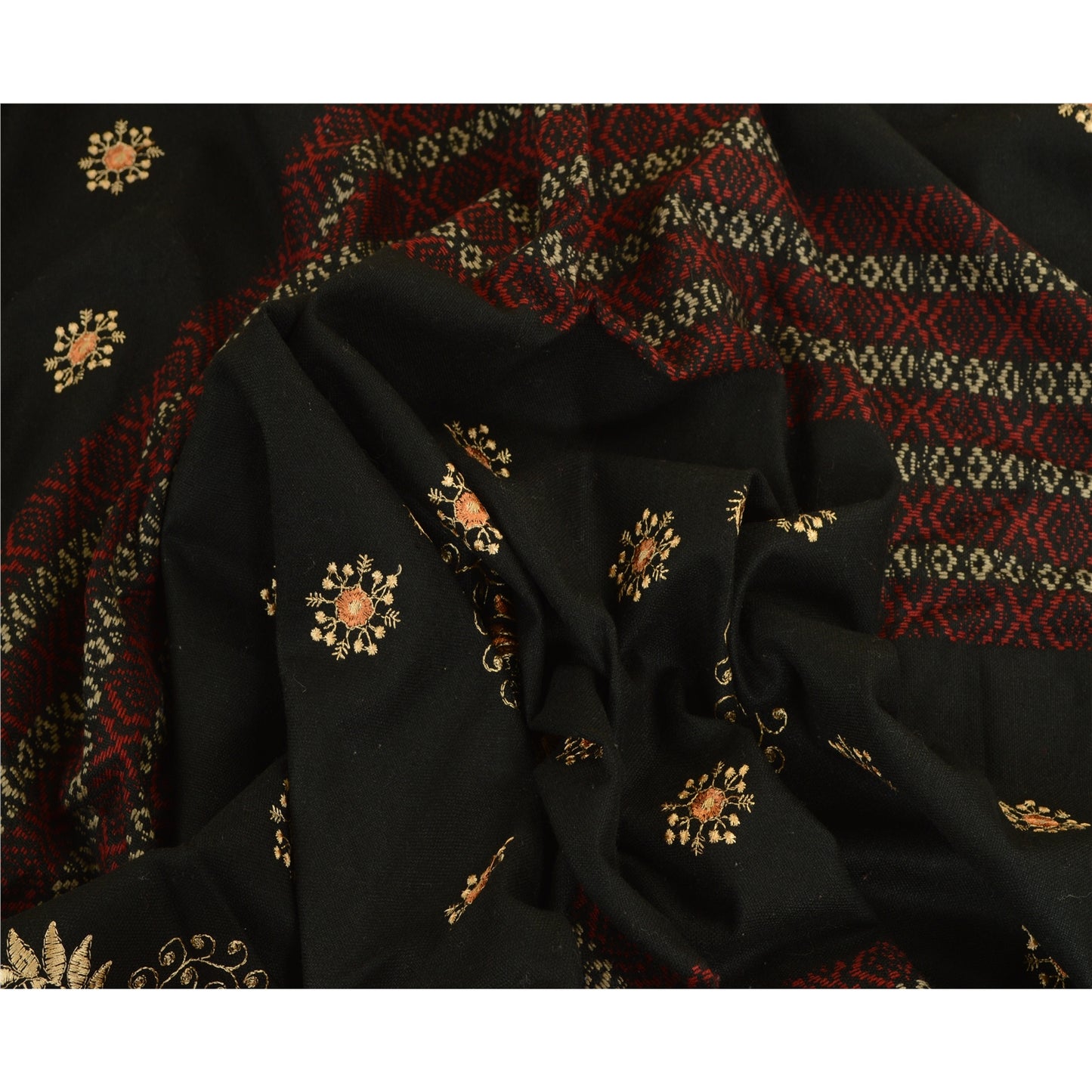Sanskriti Vintage Black Long Stole Woollen Shawl Woven Work Embroidered Scarf