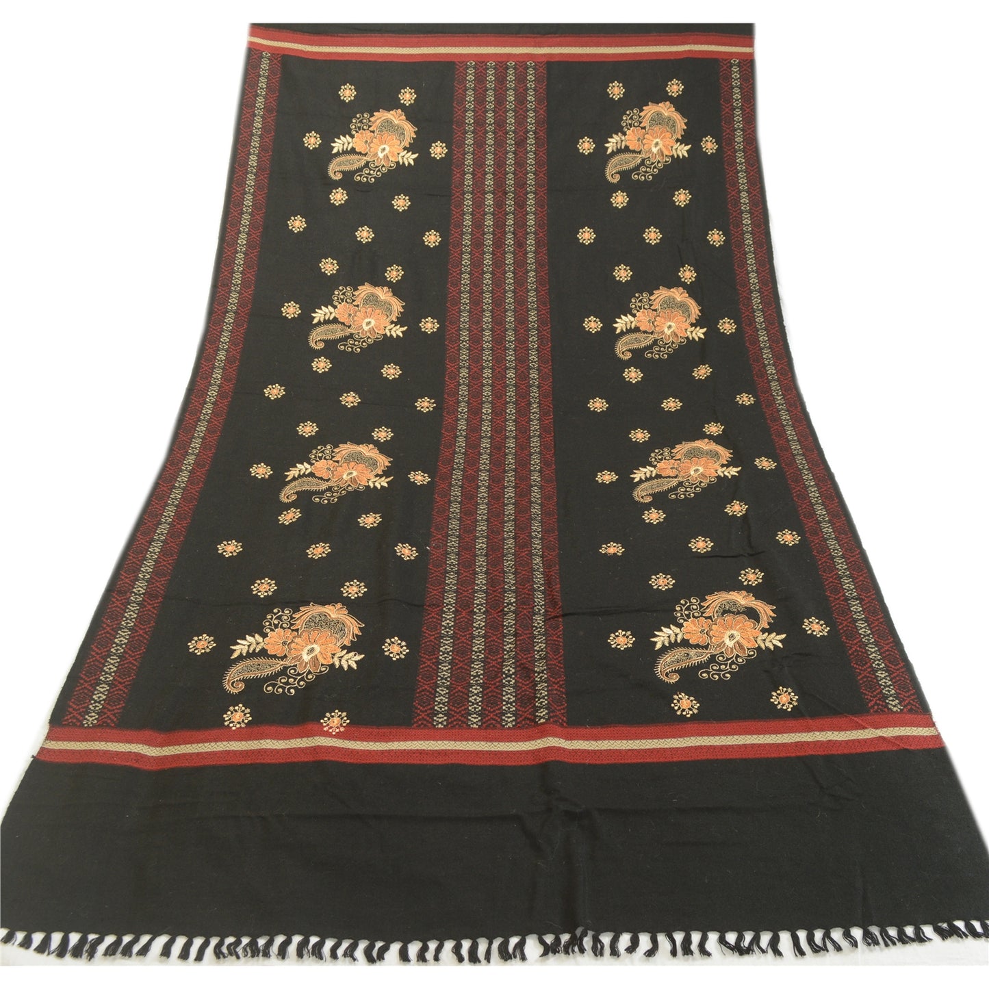 Sanskriti Vintage Black Long Stole Woollen Shawl Woven Work Embroidered Scarf