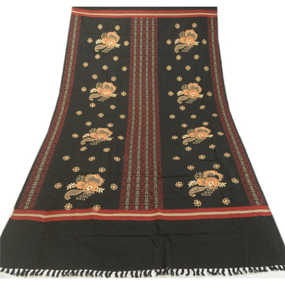 Sanskriti Vintage Black Long Stole Woollen Shawl Woven Work Embroidered Scarf