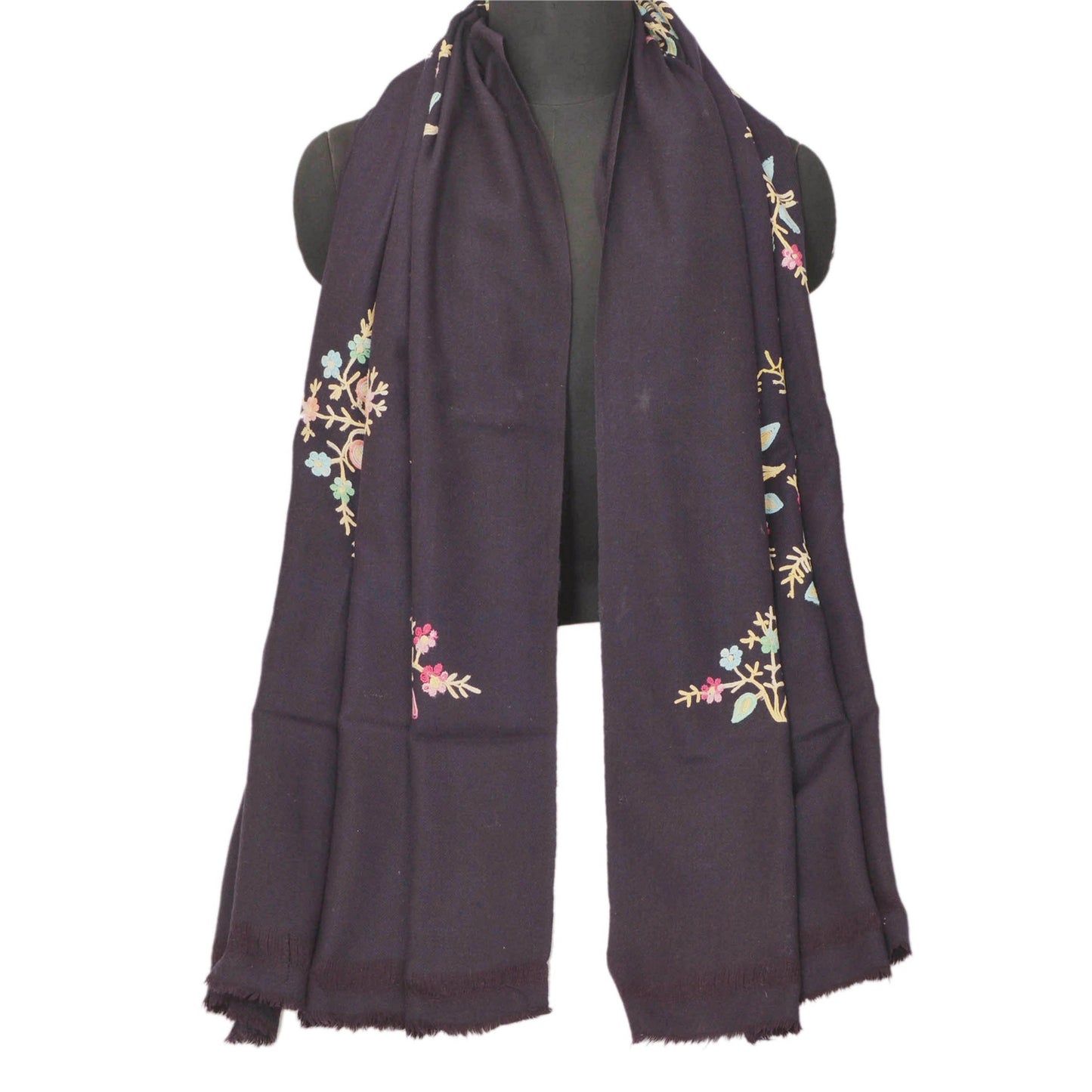Sanskriti Vintage Black Woolen Shawl Hand Embroidered Ari Work Stole Warm Scarf