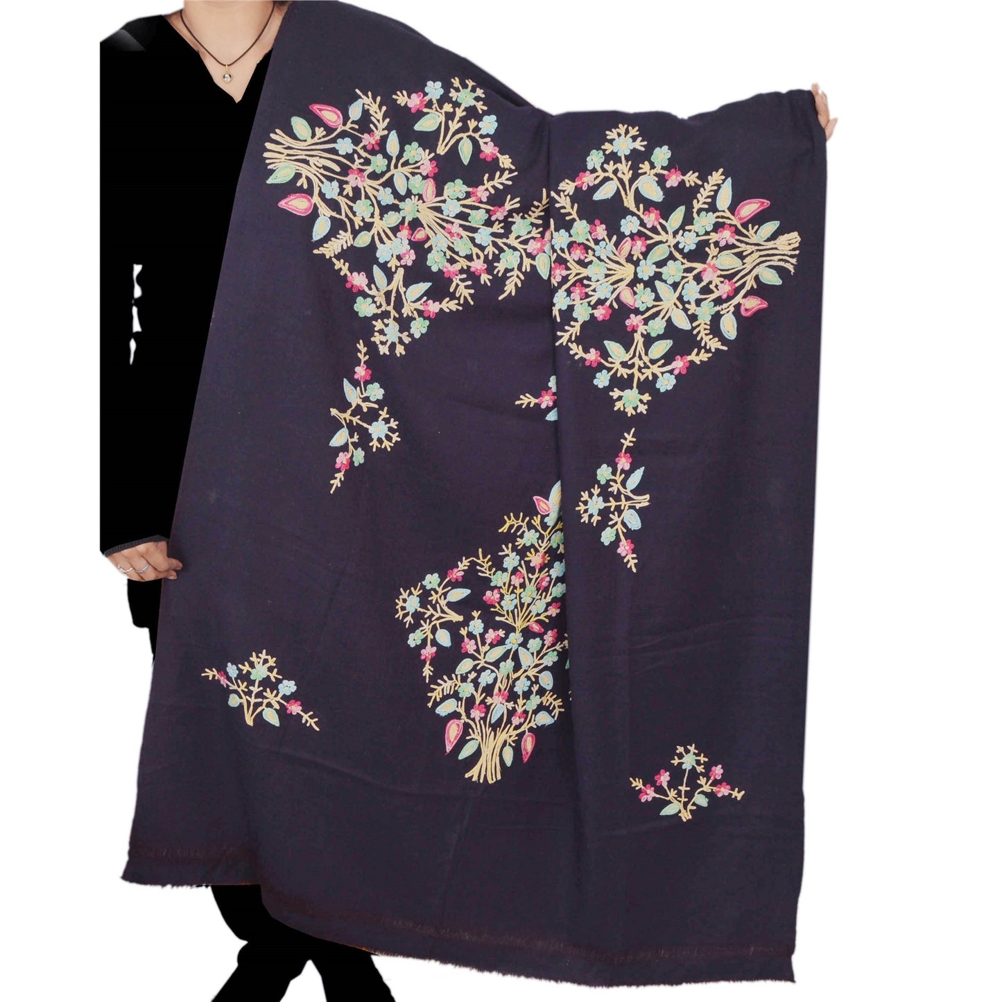 Sanskriti Vintage Black Woolen Shawl Hand Embroidered Ari Work Stole Warm Scarf