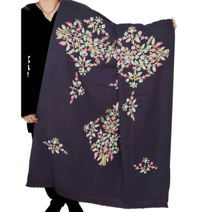 Sanskriti Vintage Black Woolen Shawl Hand Embroidered Ari Work Stole Warm Scarf