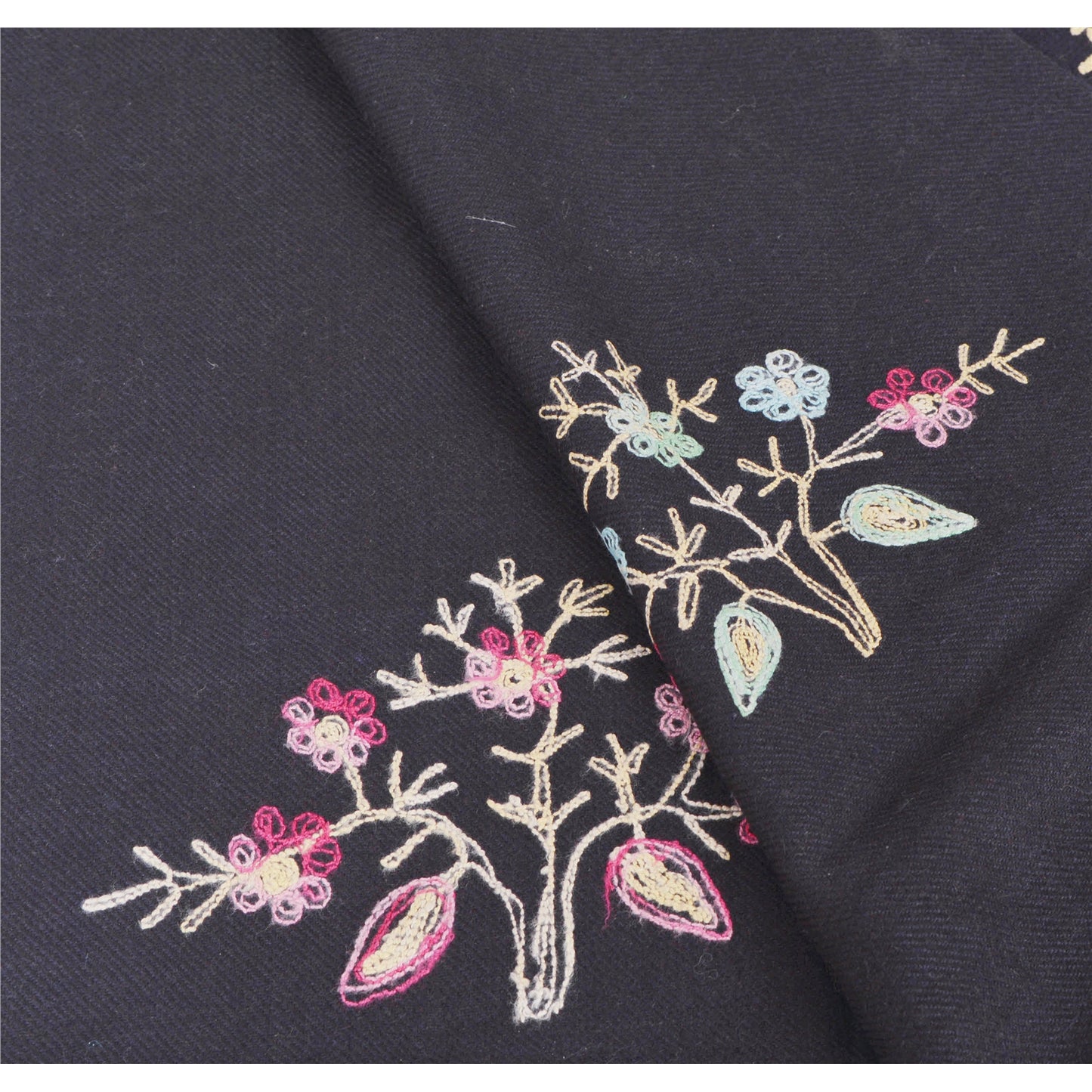 Sanskriti Vintage Black Woolen Shawl Hand Embroidered Ari Work Stole Warm Scarf