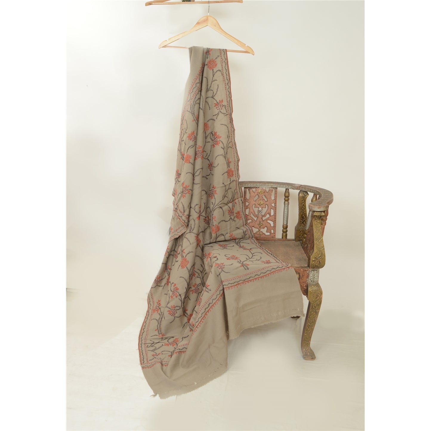 Sanskriti Vintage Grey Pure Woollen Shawl Hand Embroidered Suzani Stole Scarf