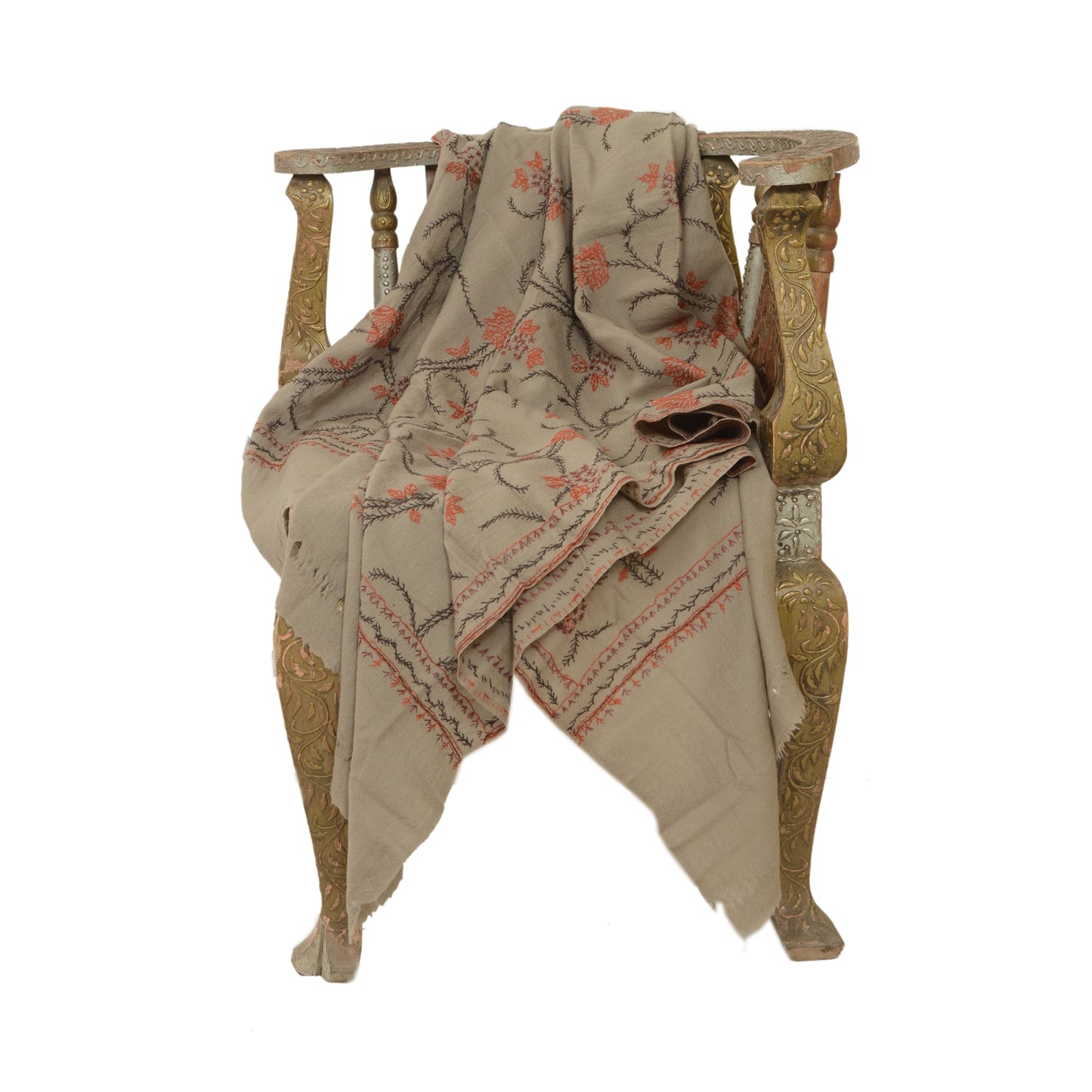 Sanskriti Vintage Grey Pure Woollen Shawl Hand Embroidered Suzani Stole Scarf