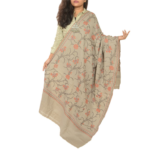 Sanskriti Vintage Grey Pure Woollen Shawl Hand Embroidered Suzani Stole Scarf
