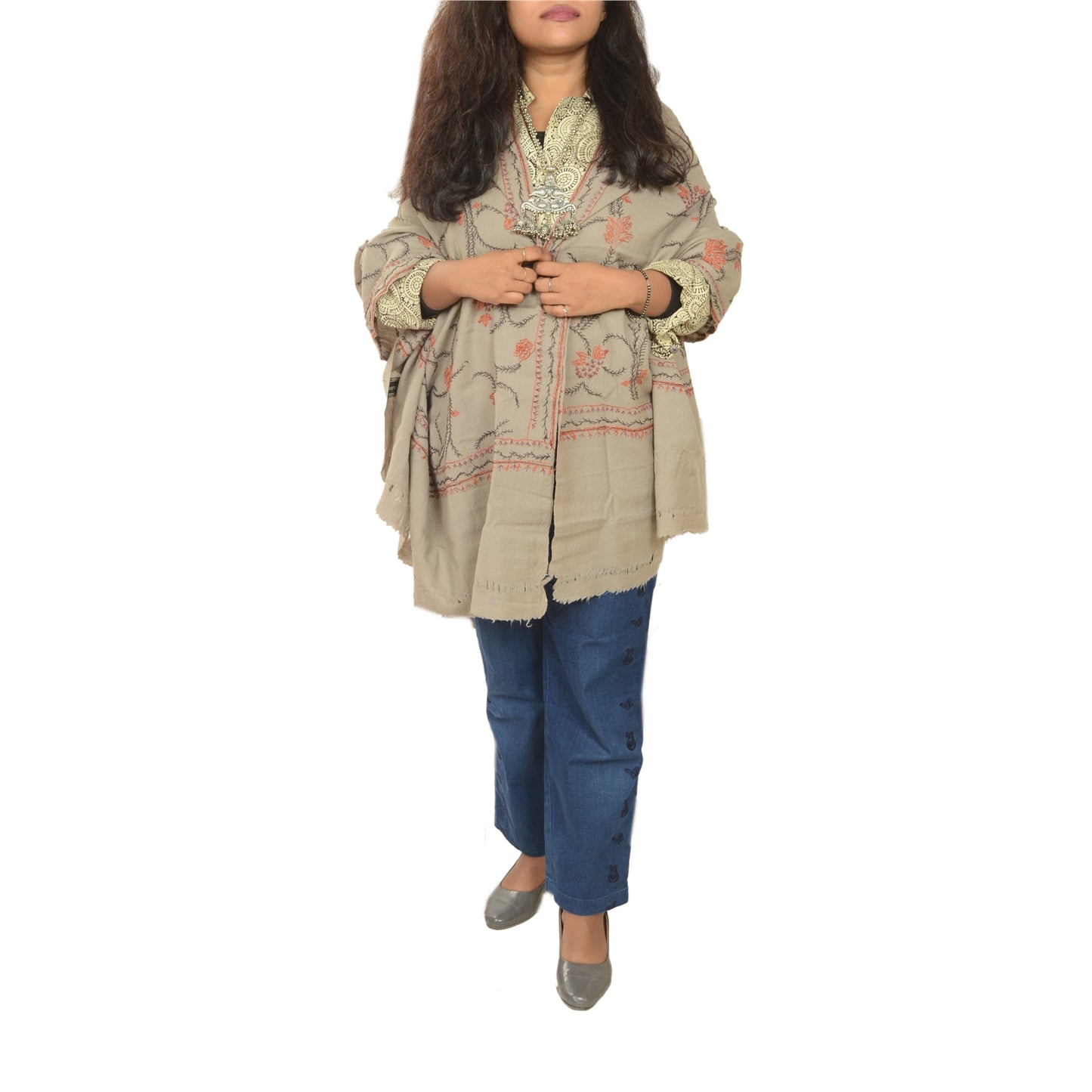 Sanskriti Vintage Grey Pure Woollen Shawl Hand Embroidered Suzani Stole Scarf