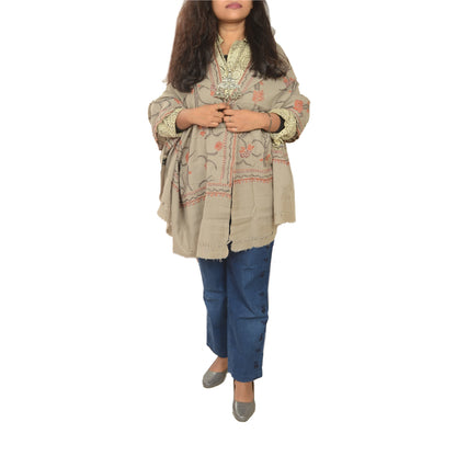 Sanskriti Vintage Grey Pure Woollen Shawl Hand Embroidered Suzani Stole Scarf