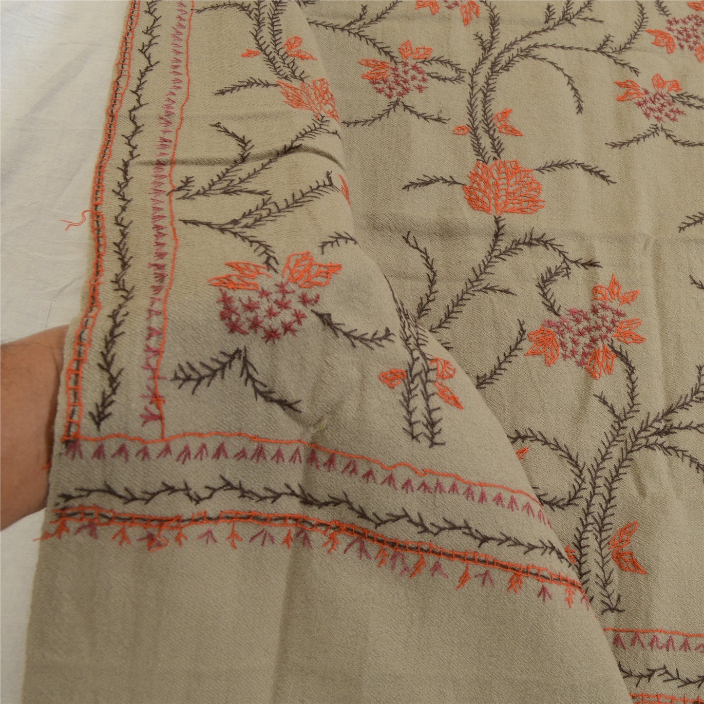 Sanskriti Vintage Grey Pure Woollen Shawl Hand Embroidered Suzani Stole Scarf