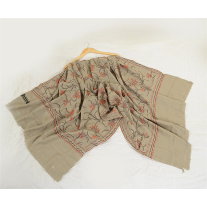 Sanskriti Vintage Grey Pure Woollen Shawl Hand Embroidered Suzani Stole Scarf