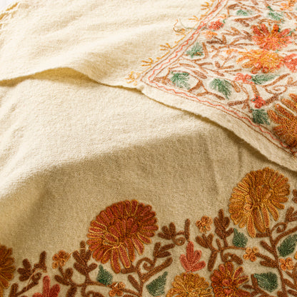 Sanskriti Vintage Cream Pure Woolen Shawl Hand Embroidered Ari Work Stole Scarf