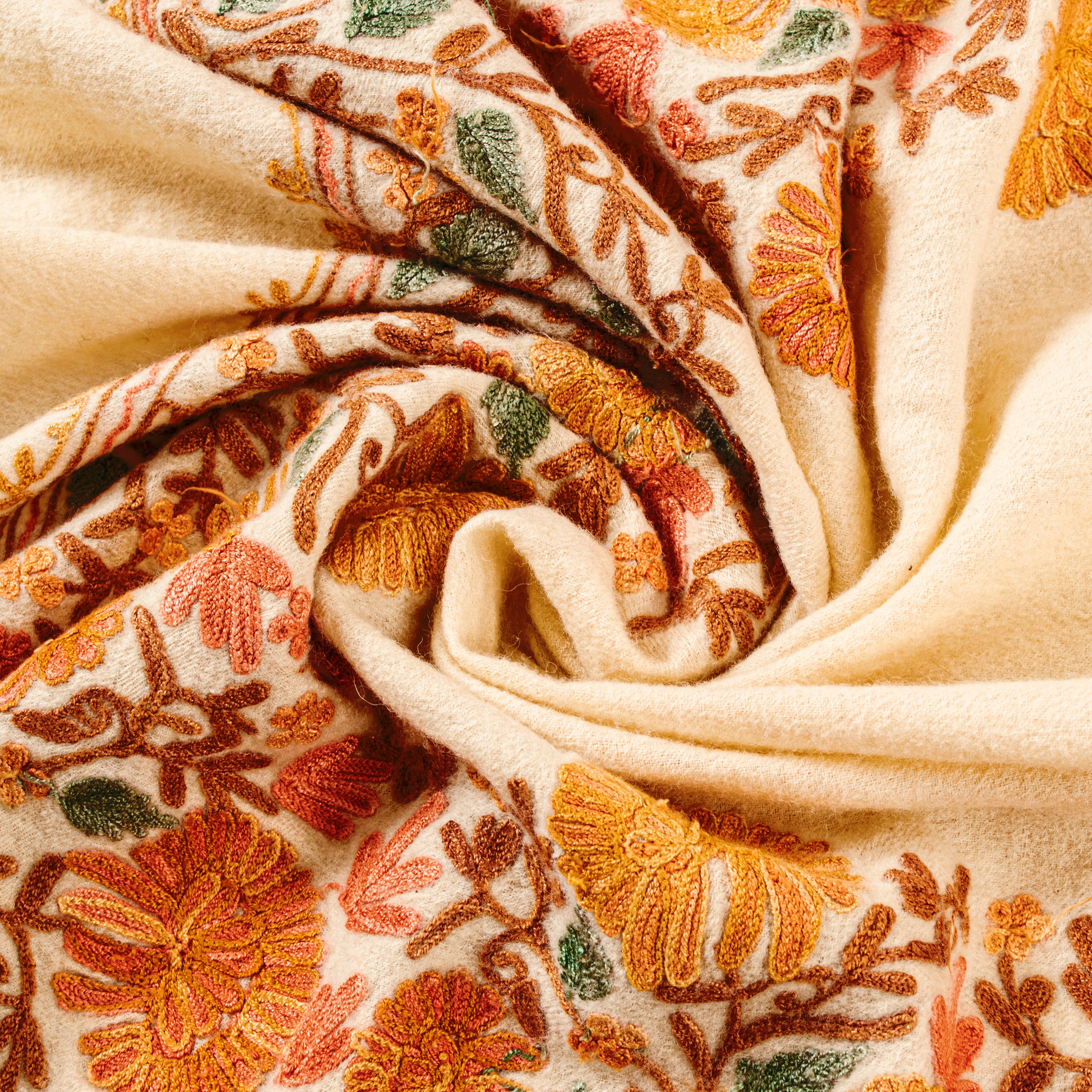 Sanskriti Vintage Cream Pure Woolen Shawl Hand Embroidered Ari Work Stole Scarf