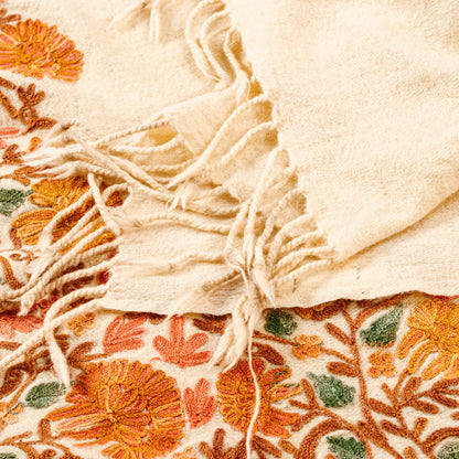 Sanskriti Vintage Cream Pure Woolen Shawl Hand Embroidered Ari Work Stole Scarf