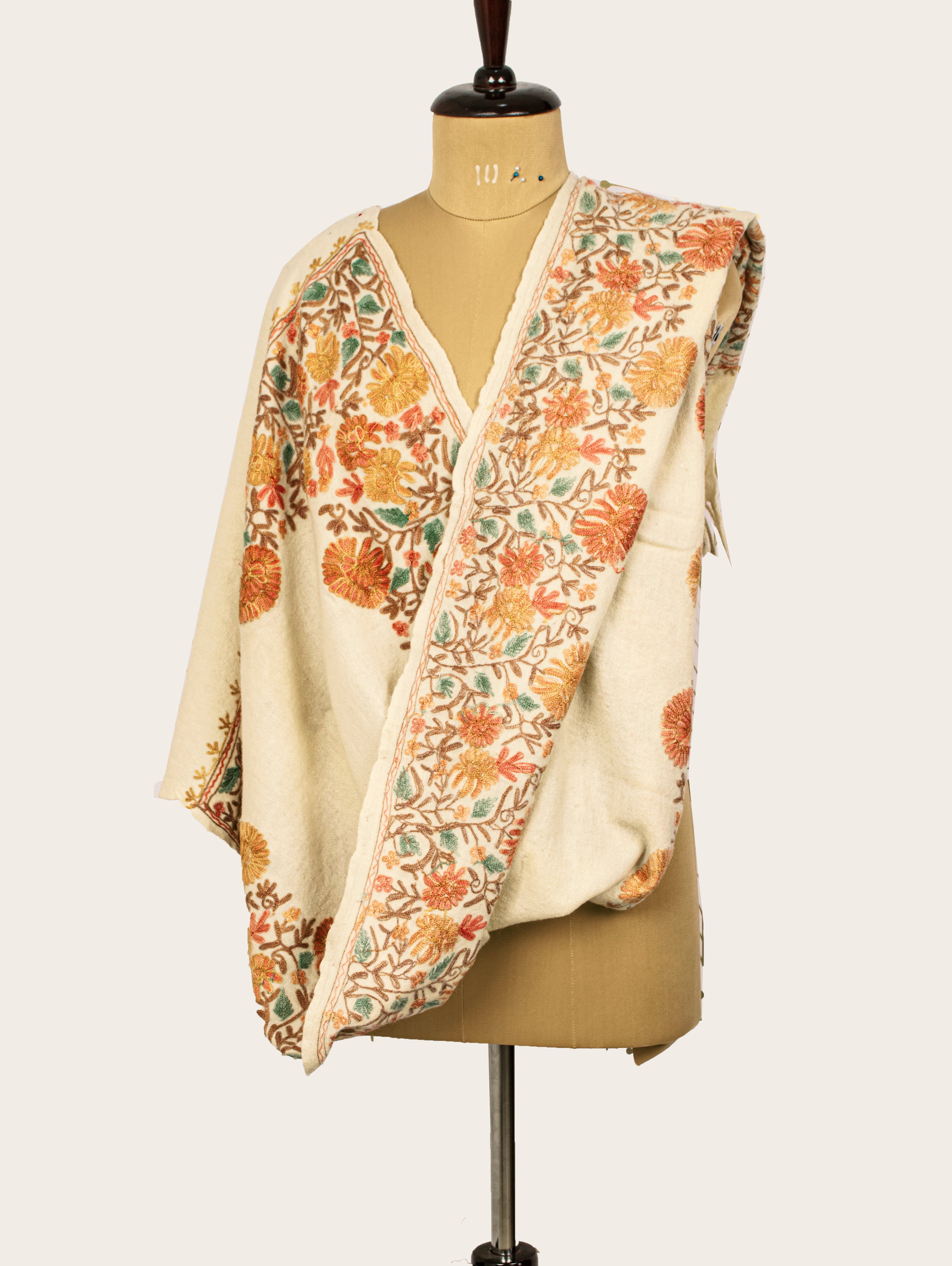 Sanskriti Vintage Cream Pure Woolen Shawl Hand Embroidered Ari Work Stole Scarf