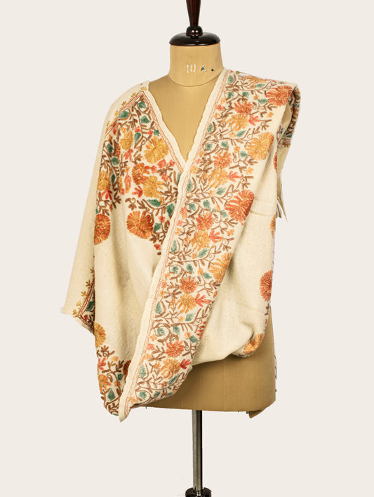 Sanskriti Vintage Cream Pure Woolen Shawl Hand Embroidered Ari Work Stole Scarf