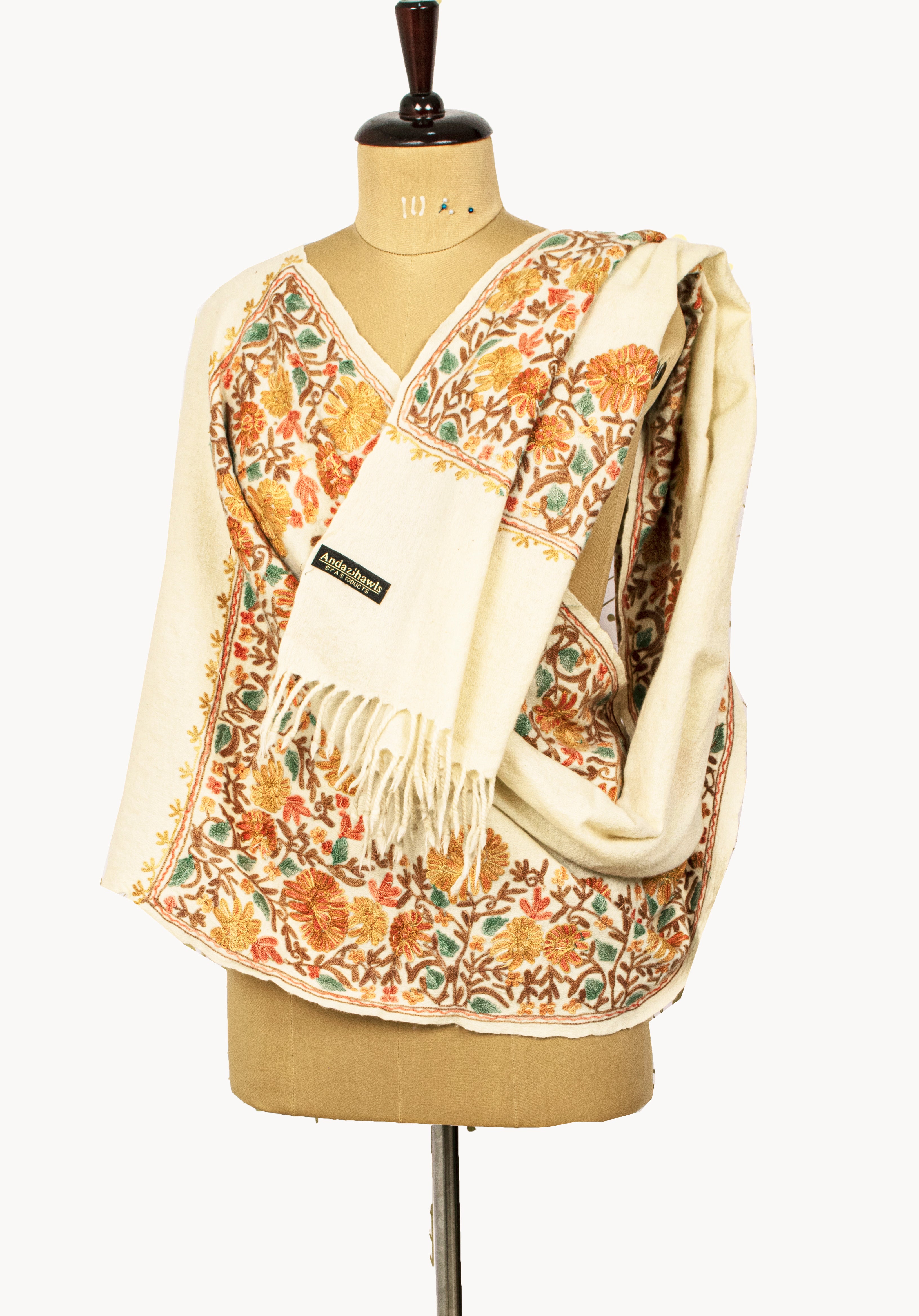 Sanskriti Vintage Cream Pure Woolen Shawl Hand Embroidered Ari Work Stole Scarf