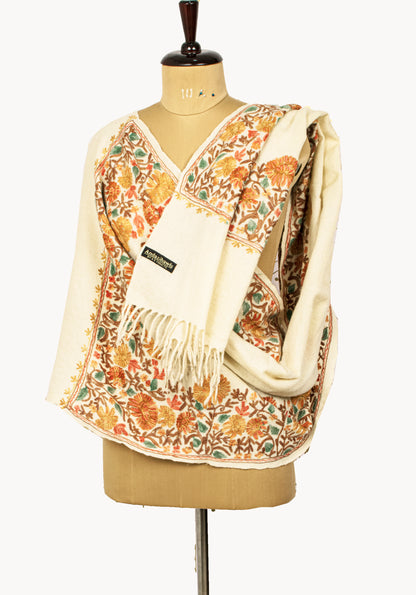 Sanskriti Vintage Cream Pure Woolen Shawl Hand Embroidered Ari Work Stole Scarf