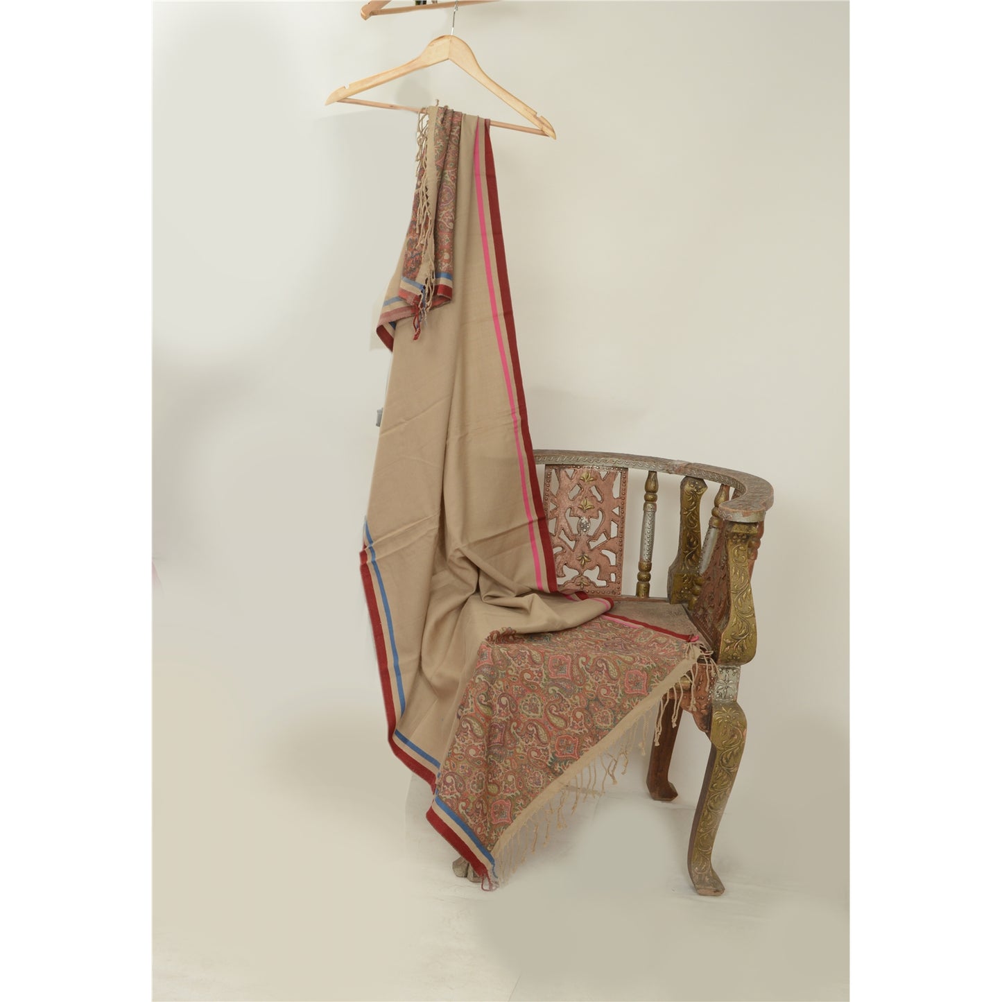 Sanskriti Vintage Brown Pure Woolen Shawl Woven Work Long Stole Soft Scarf