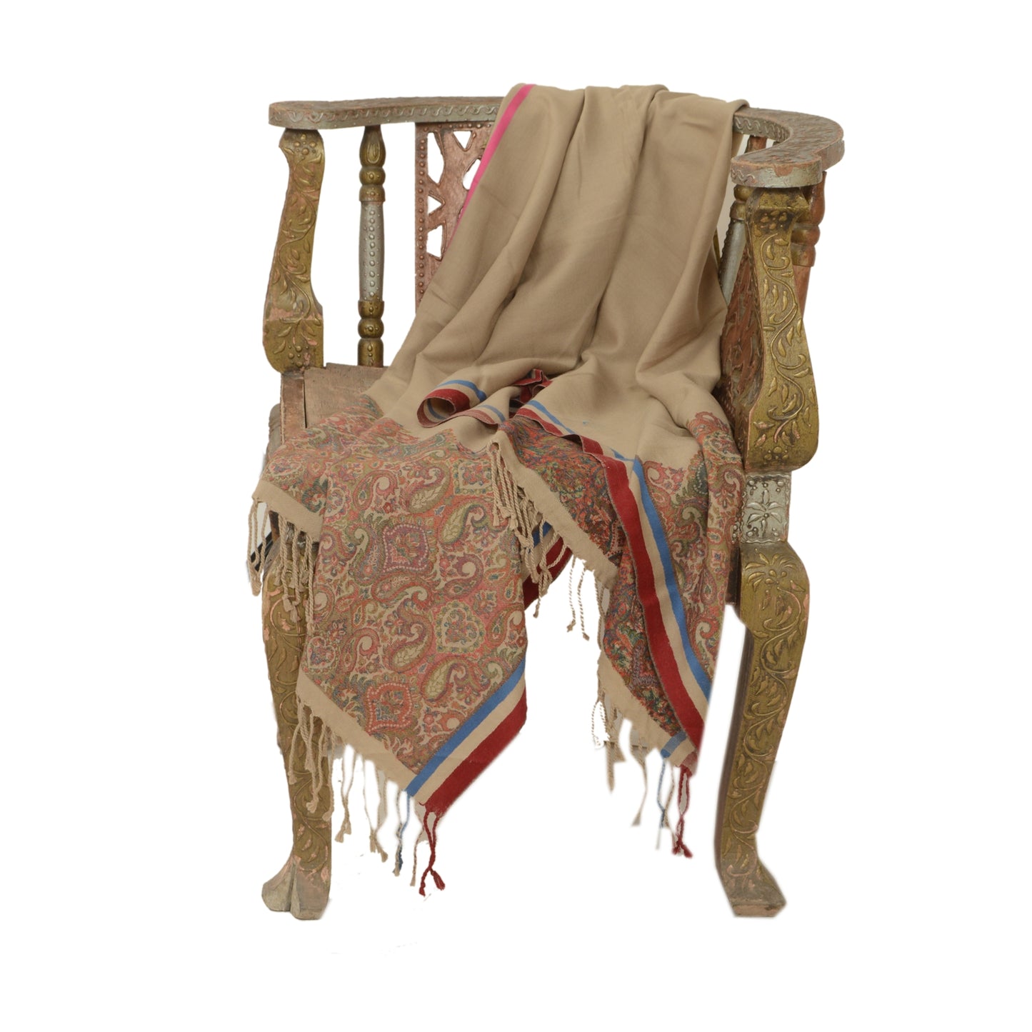 Sanskriti Vintage Brown Pure Woolen Shawl Woven Work Long Stole Soft Scarf