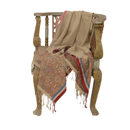 Sanskriti Vintage Brown Pure Woolen Shawl Woven Work Long Stole Soft Scarf