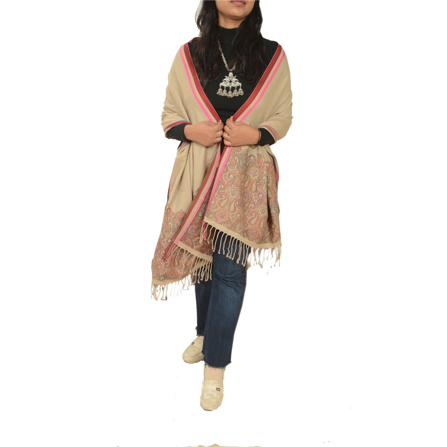 Sanskriti Vintage Brown Pure Woolen Shawl Woven Work Long Stole Soft Scarf