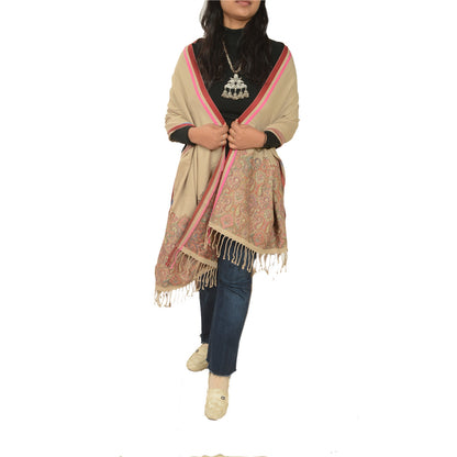 Sanskriti Vintage Brown Pure Woolen Shawl Woven Work Long Stole Soft Scarf