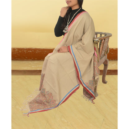 Sanskriti Vintage Brown Pure Woolen Shawl Woven Work Long Stole Soft Scarf