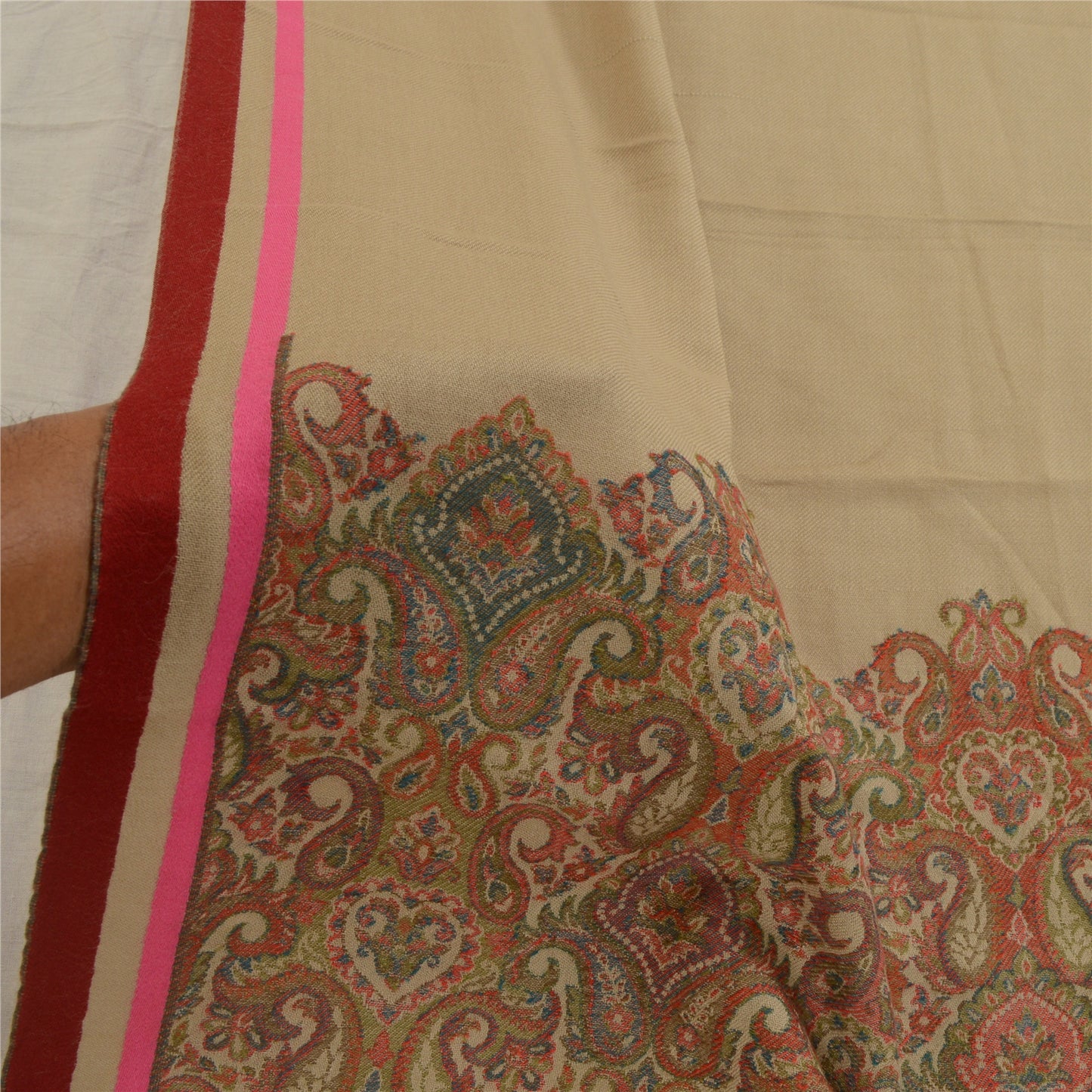 Sanskriti Vintage Brown Pure Woolen Shawl Woven Work Long Stole Soft Scarf
