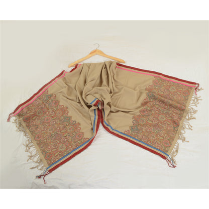 Sanskriti Vintage Brown Pure Woolen Shawl Woven Work Long Stole Soft Scarf