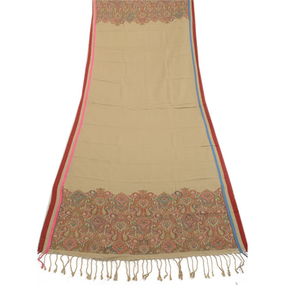 Sanskriti Vintage Brown Pure Woolen Shawl Woven Work Long Stole Soft Scarf