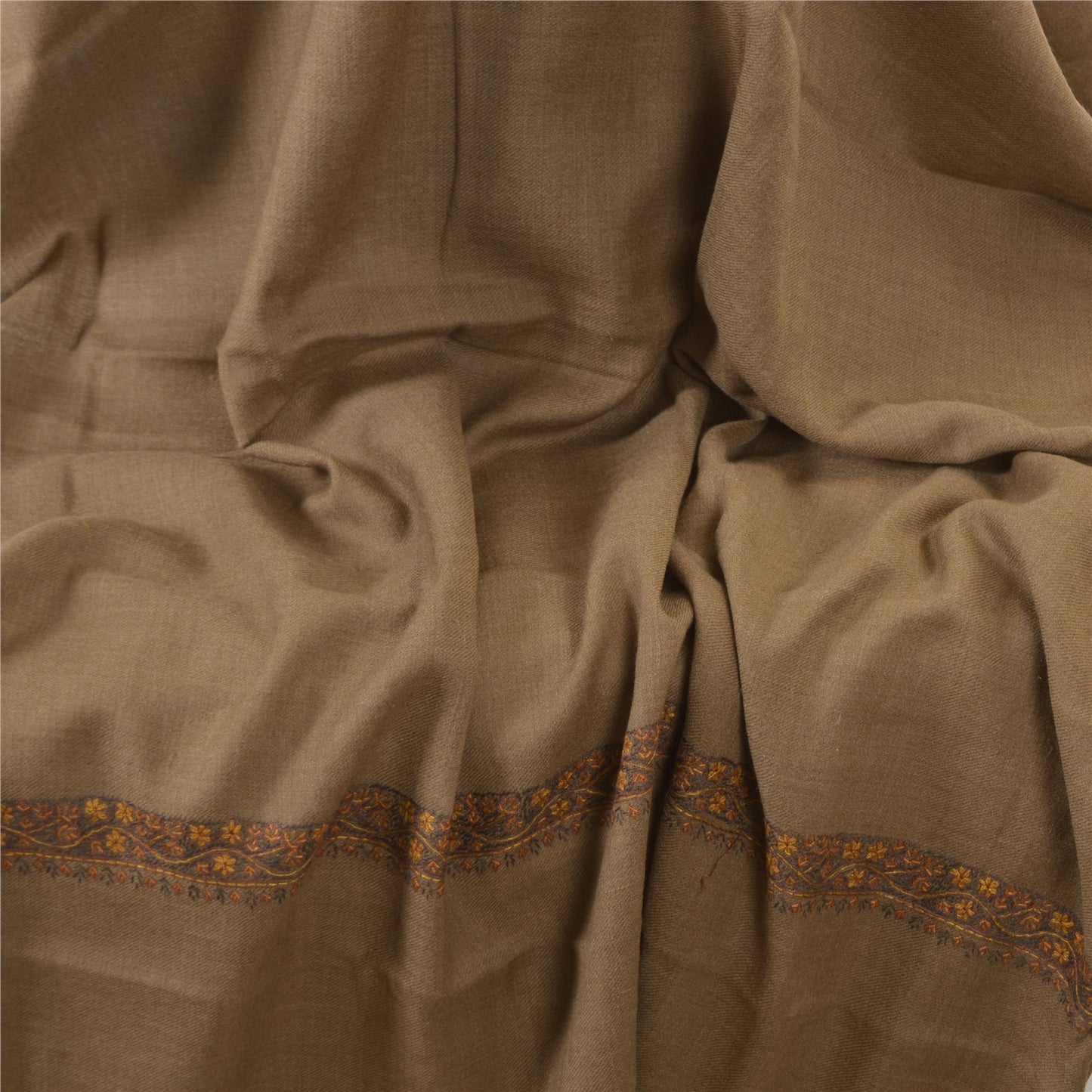 Sanskriti Vintage Brown Long Pure Woolen Shawl Hand Embroidery Suzani Stole