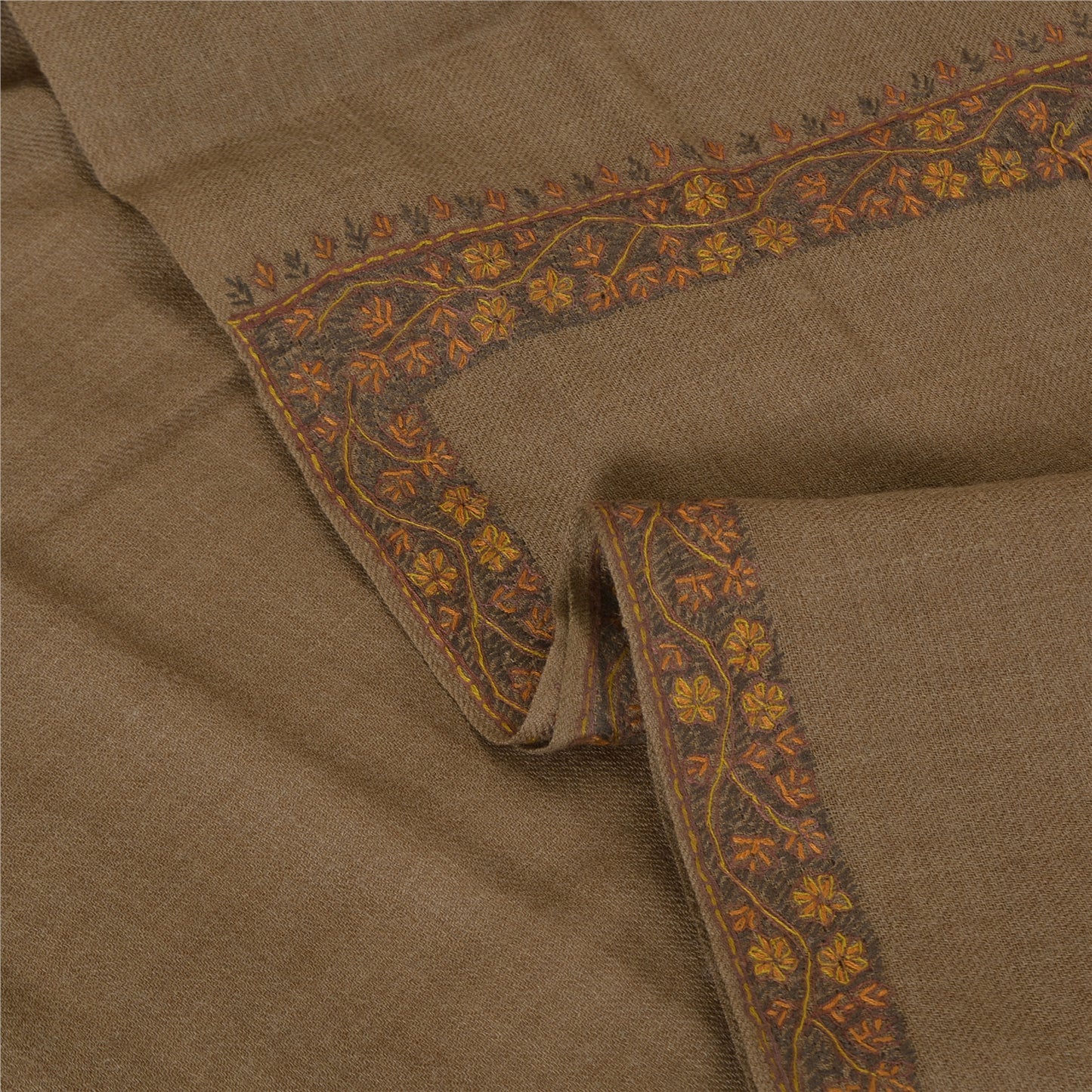 Sanskriti Vintage Brown Long Pure Woolen Shawl Hand Embroidery Suzani Stole