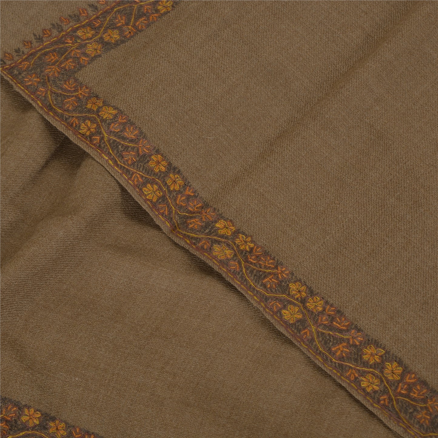 Sanskriti Vintage Brown Long Pure Woolen Shawl Hand Embroidery Suzani Stole