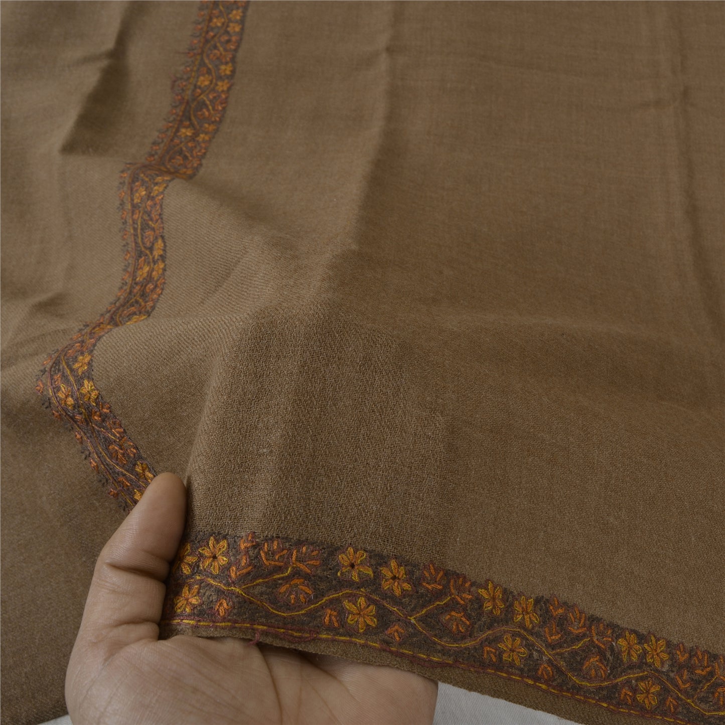 Sanskriti Vintage Brown Long Pure Woolen Shawl Hand Embroidery Suzani Stole
