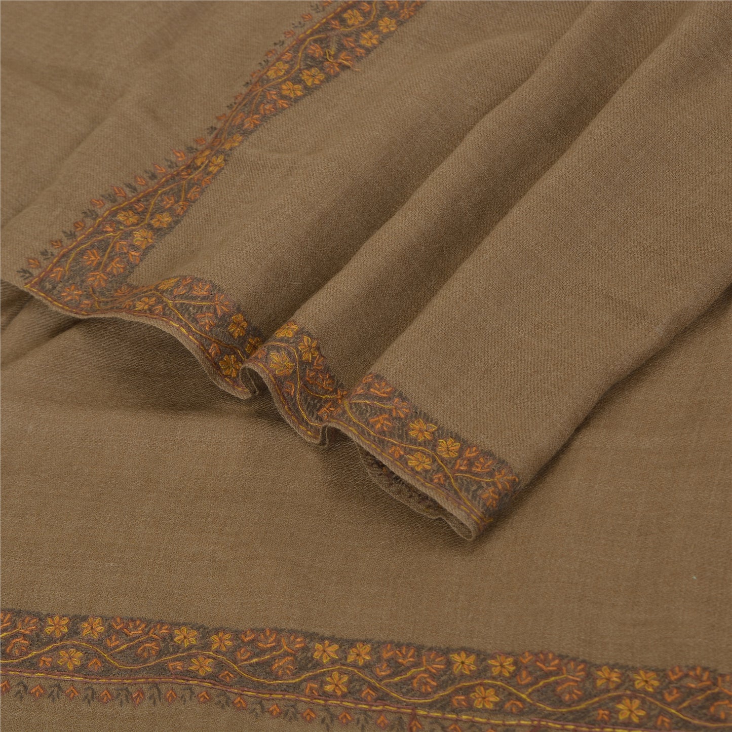 Sanskriti Vintage Brown Long Pure Woolen Shawl Hand Embroidery Suzani Stole