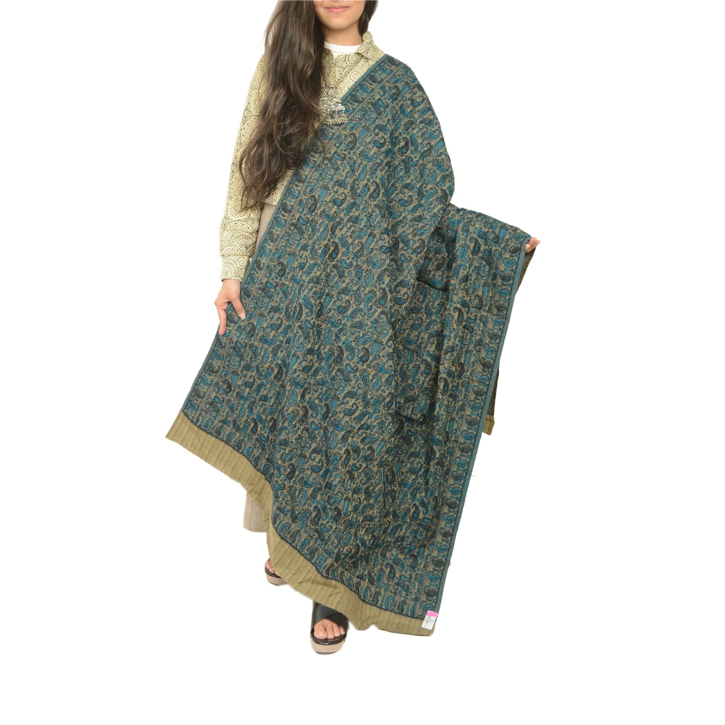 Sanskriti Vintage Green Woolen Shawl Woven Work Long Stole Soft Scarf Paisley
