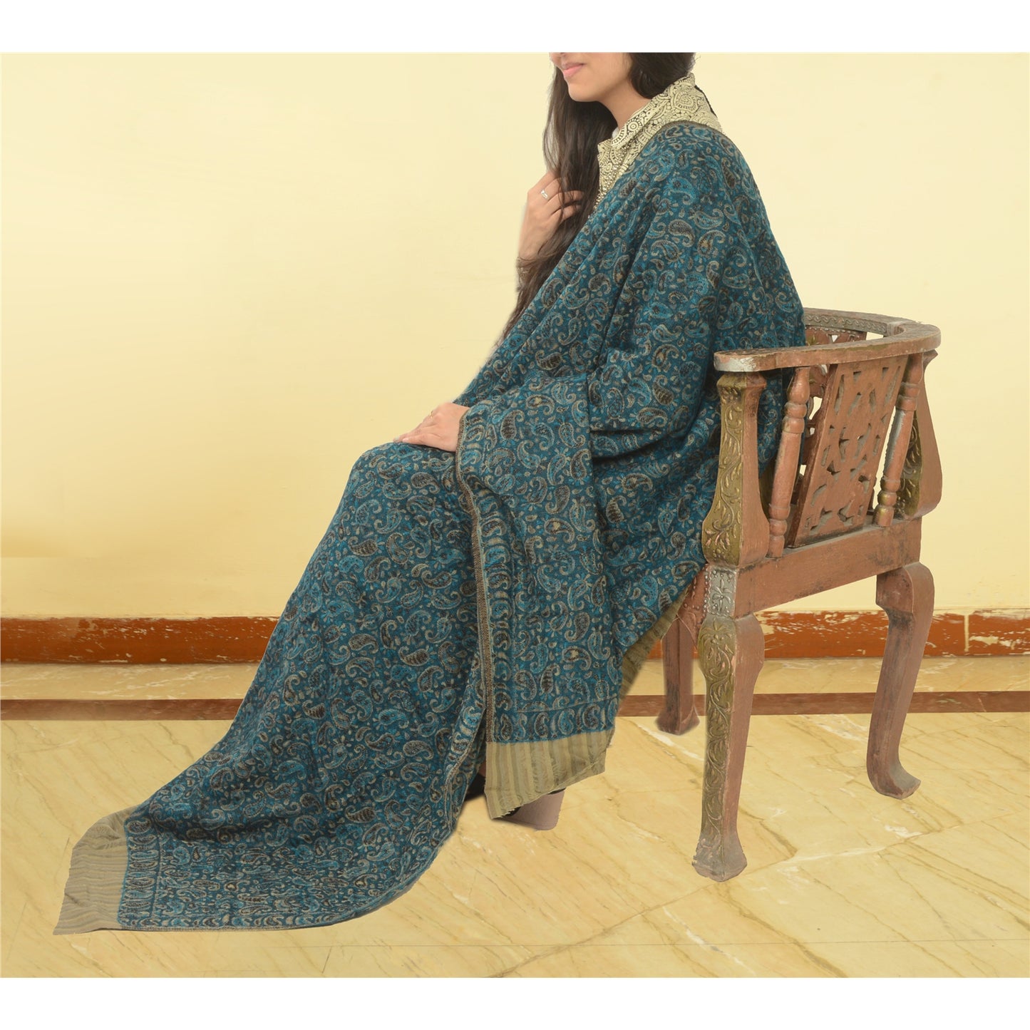 Sanskriti Vintage Green Woolen Shawl Woven Work Long Stole Soft Scarf Paisley