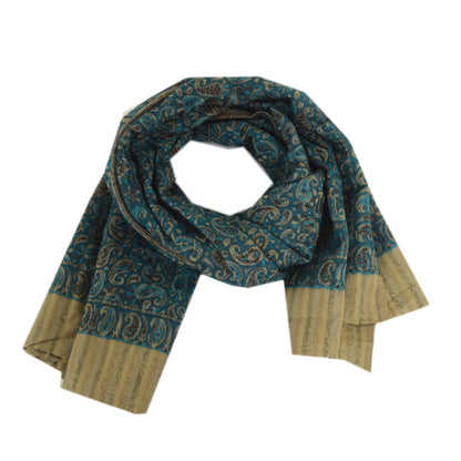 Sanskriti Vintage Green Woolen Shawl Woven Work Long Stole Soft Scarf Paisley