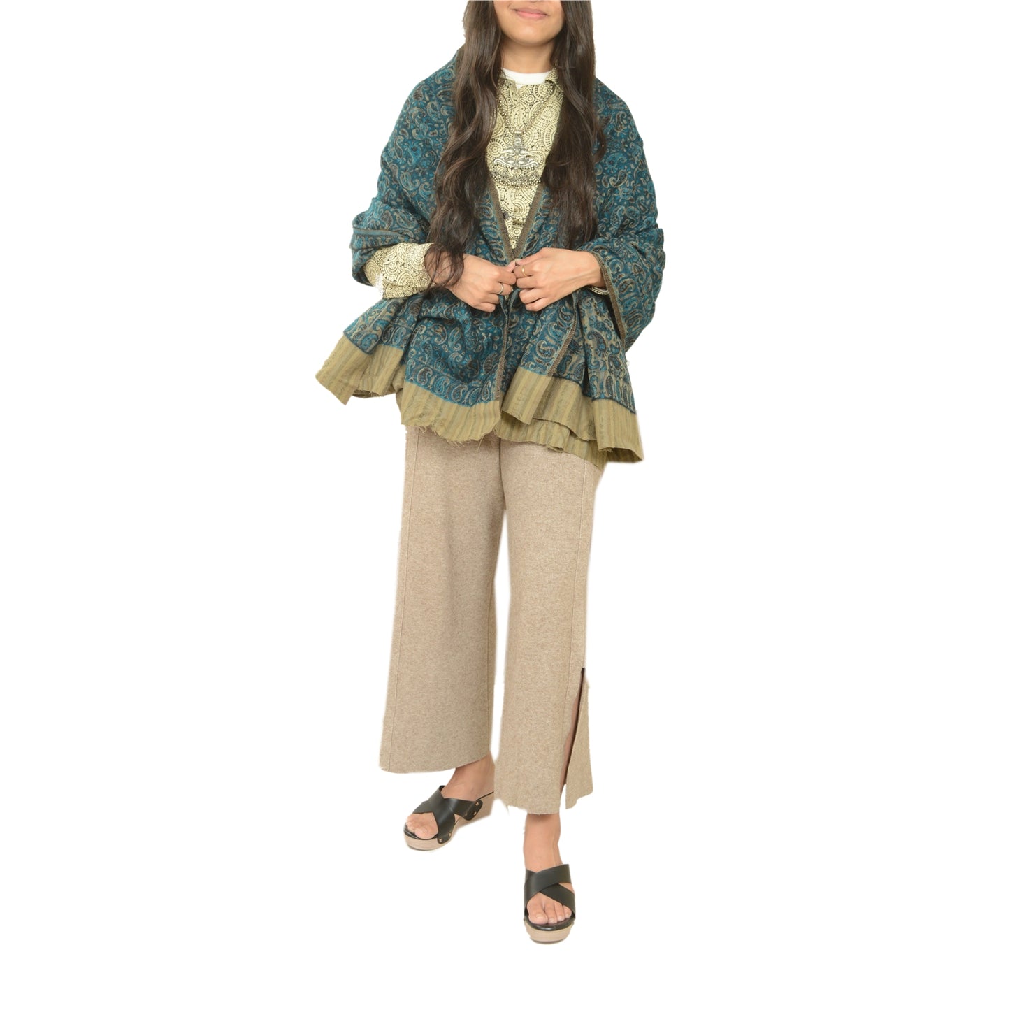 Sanskriti Vintage Green Woolen Shawl Woven Work Long Stole Soft Scarf Paisley