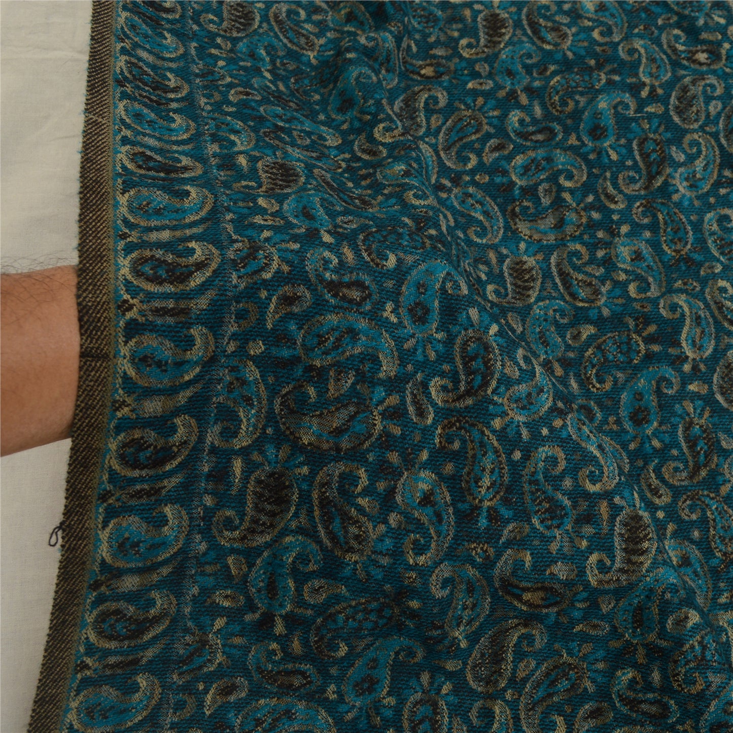 Sanskriti Vintage Green Woolen Shawl Woven Work Long Stole Soft Scarf Paisley