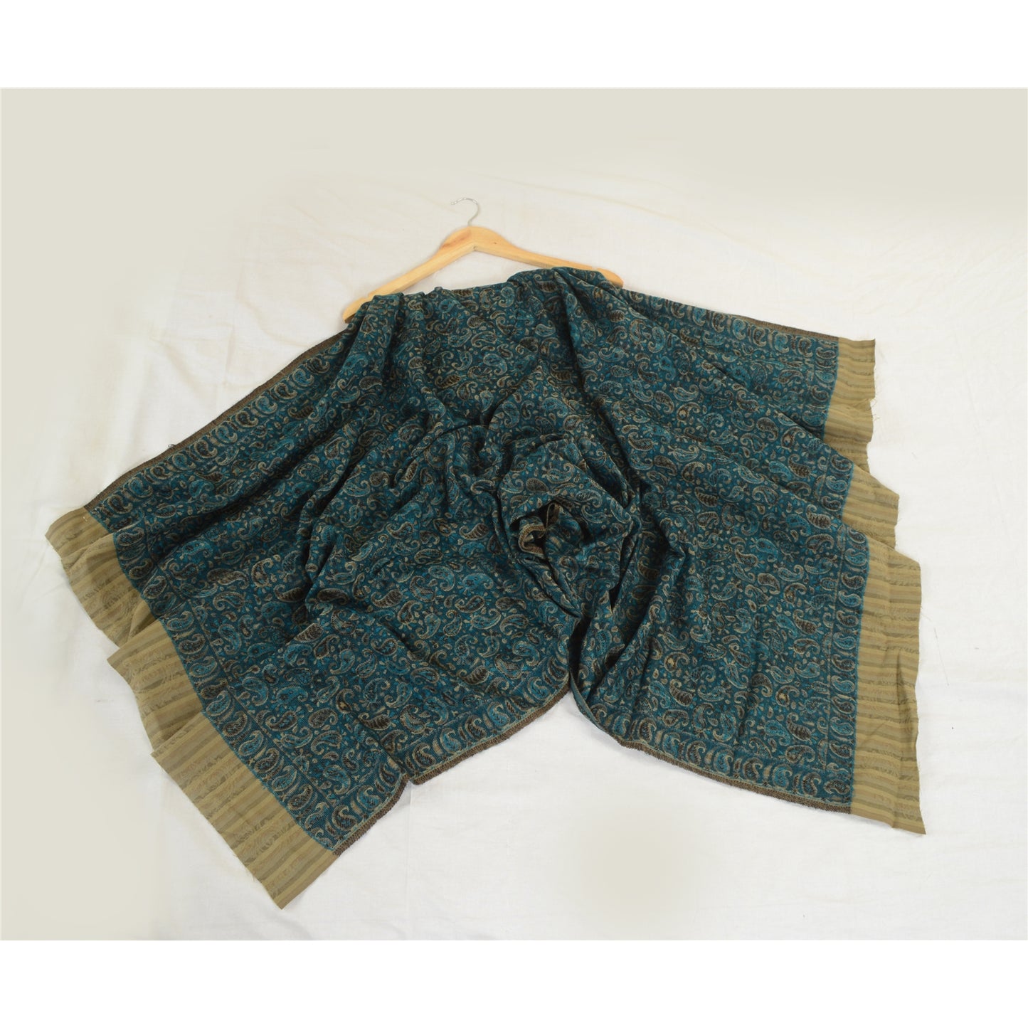 Sanskriti Vintage Green Woolen Shawl Woven Work Long Stole Soft Scarf Paisley