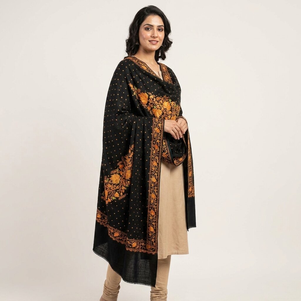 Sanskriti Vintage Black Pure Wool Shawl Kashmiri Aari Embroidered Floral Stole