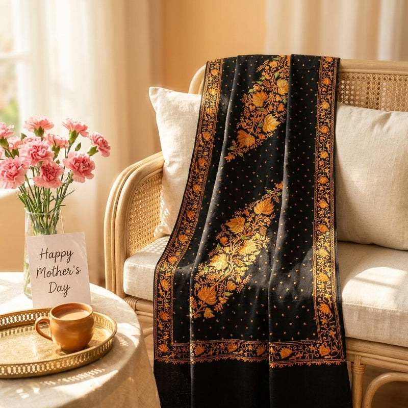 Sanskriti Vintage Black Pure Wool Shawl Kashmiri Aari Embroidered Floral Stole