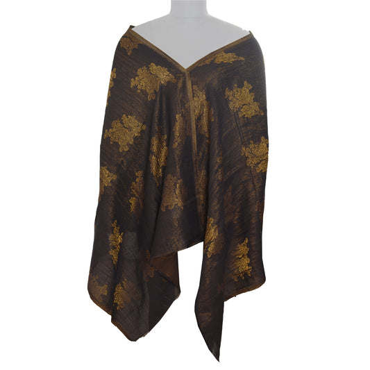 Sanskriti New Black Fine Wool Moonlight (Zari) Shawl Woven Work Long Stole Scarf