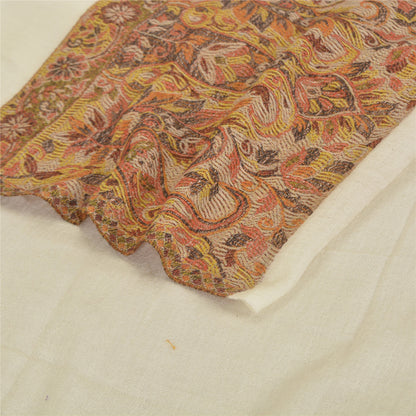 Sanskriti New Cream Pure Fine Wool Shawl Woven Work Long Stole Soft Scarf 86x28