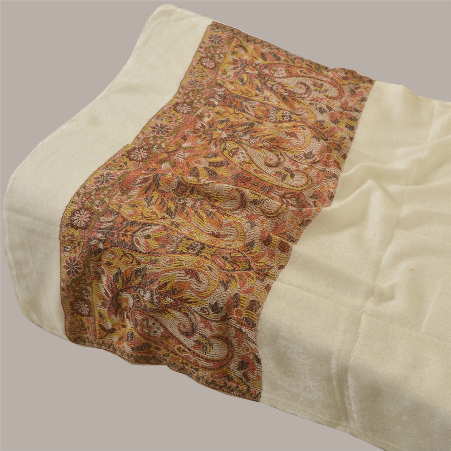 Sanskriti New Cream Pure Fine Wool Shawl Woven Work Long Stole Soft Scarf 86x28