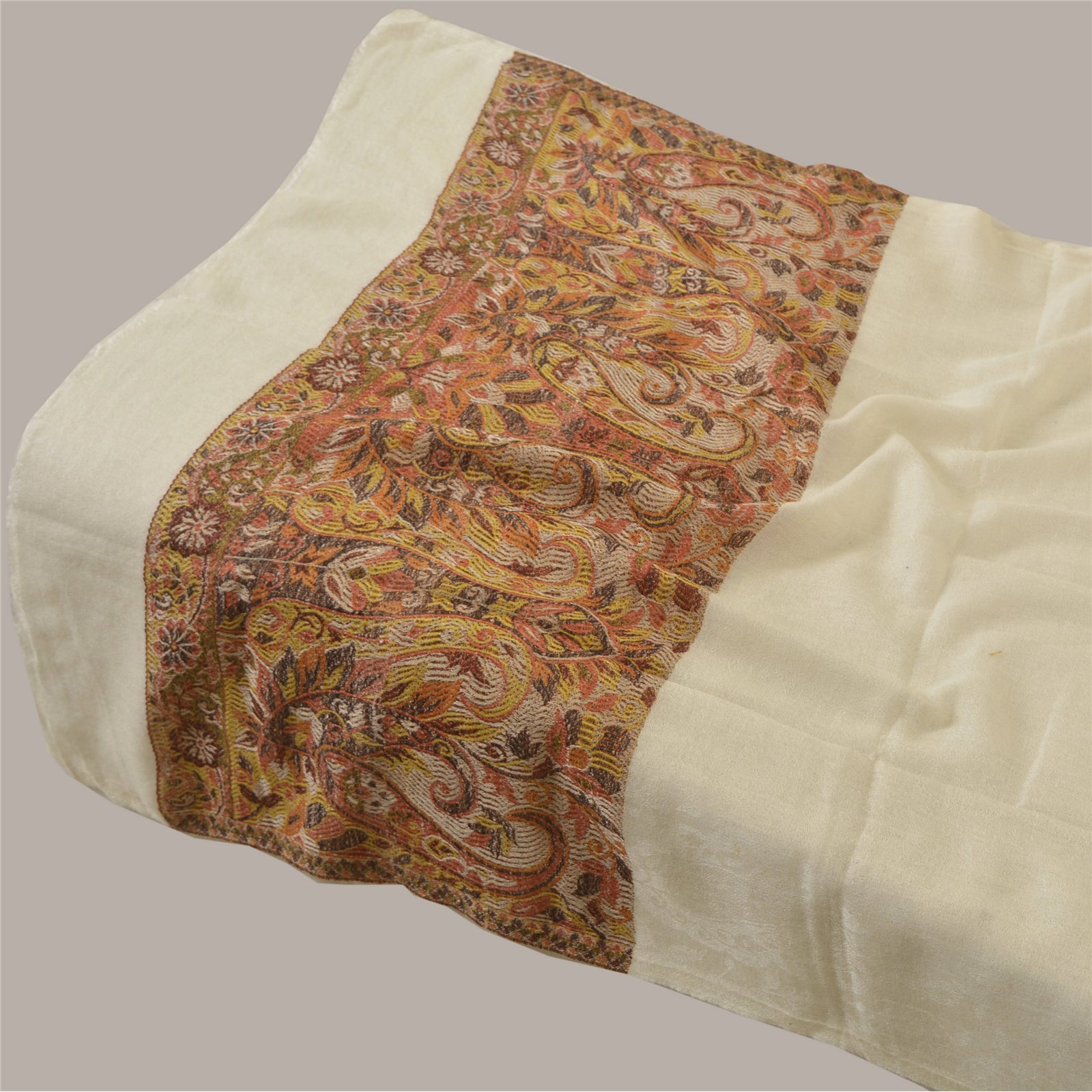 Sanskriti New Cream Pure Fine Wool Shawl Woven Work Long Stole Soft Scarf 86x28